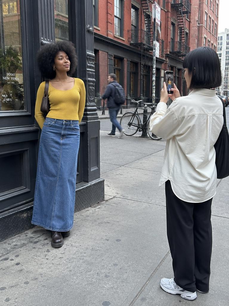 Two women taking iPhone photos together on a New York City street