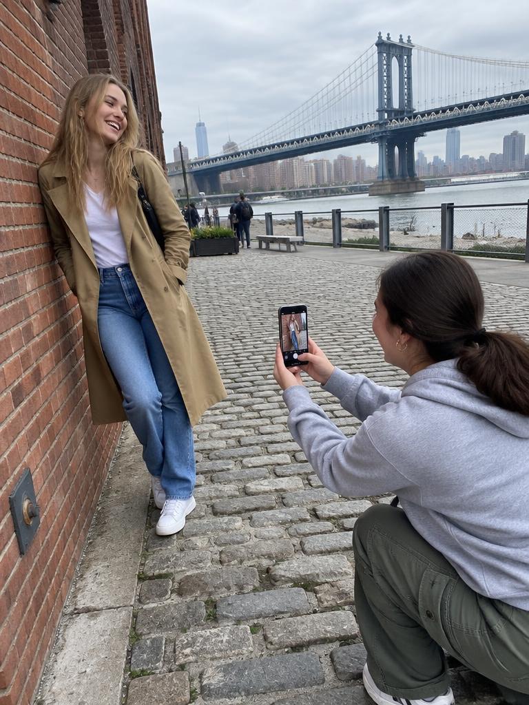 Two friends taking iPhone photos together at the DUMBO waterfront